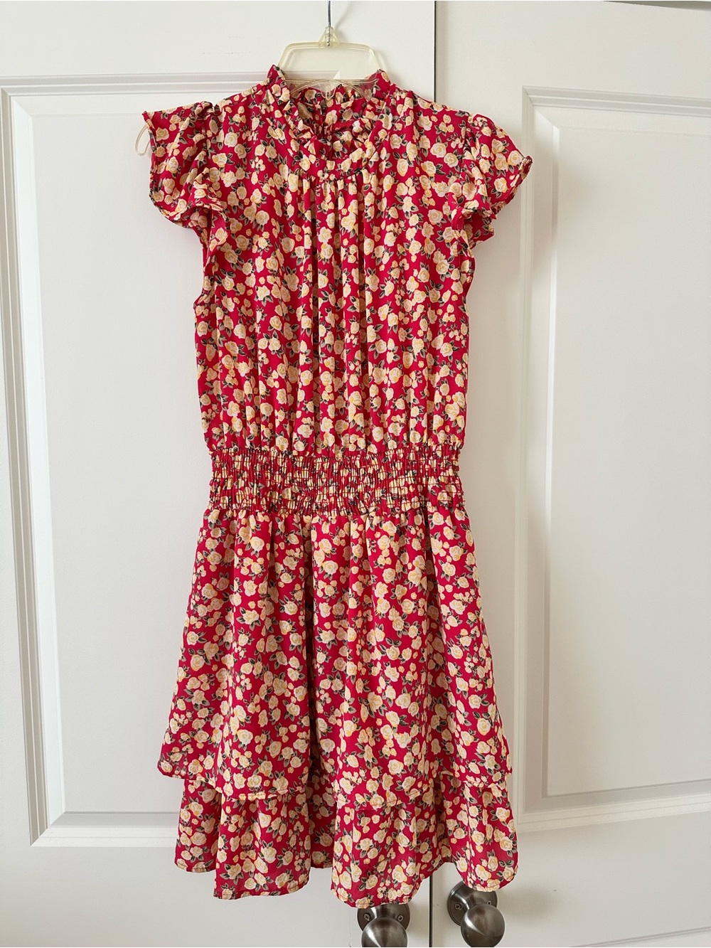 Melrose and Market Pink/Yellow Floral Smocked Waist Tiered Mini Dress - Size S